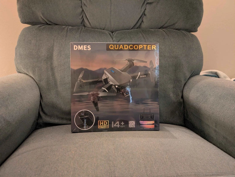 DMES quadcopter drone retail box with printed drone and features