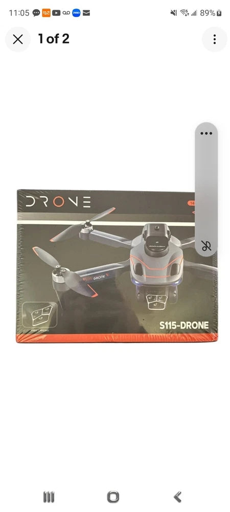 Quadcopter drone product box with front view of the drone and camera image