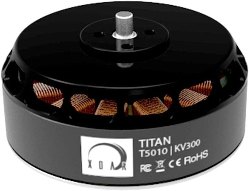 Brushless RC electric motor with black housing, visible rotor top shaft and label T5010 KV300