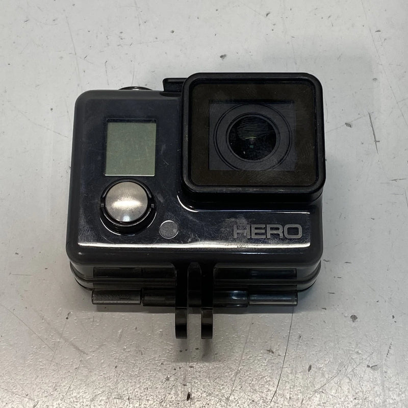 GoPro HERO action camera with front lens, status screen, and HERO logo