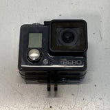 GoPro HERO action camera with front lens, status screen, and HERO logo