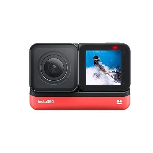 Insta360 action camera with wide-angle lens and front touchscreen, red and black body