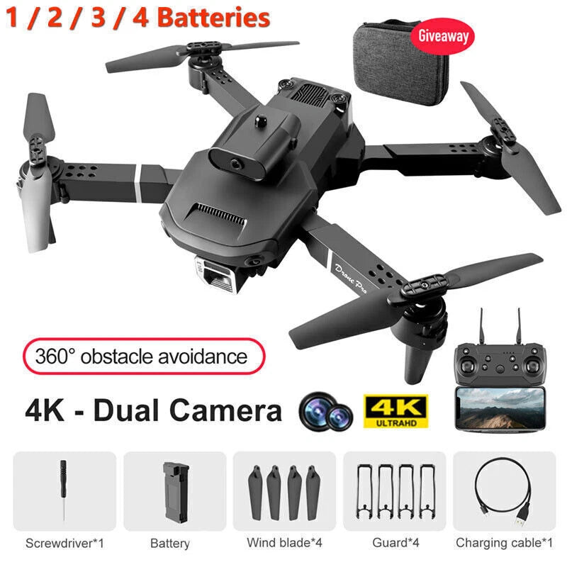 Foldable quadcopter drone with dual camera, four propellers, and handheld controller