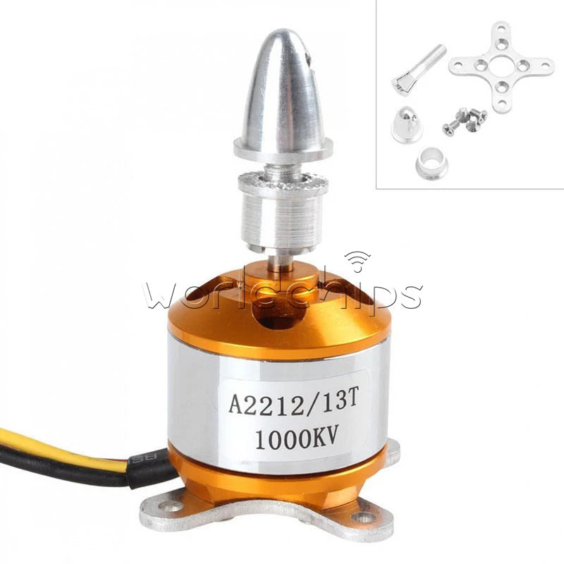 Brushless outrunner motor with orange-and-silver casing, white label A2212/13T 1000KV