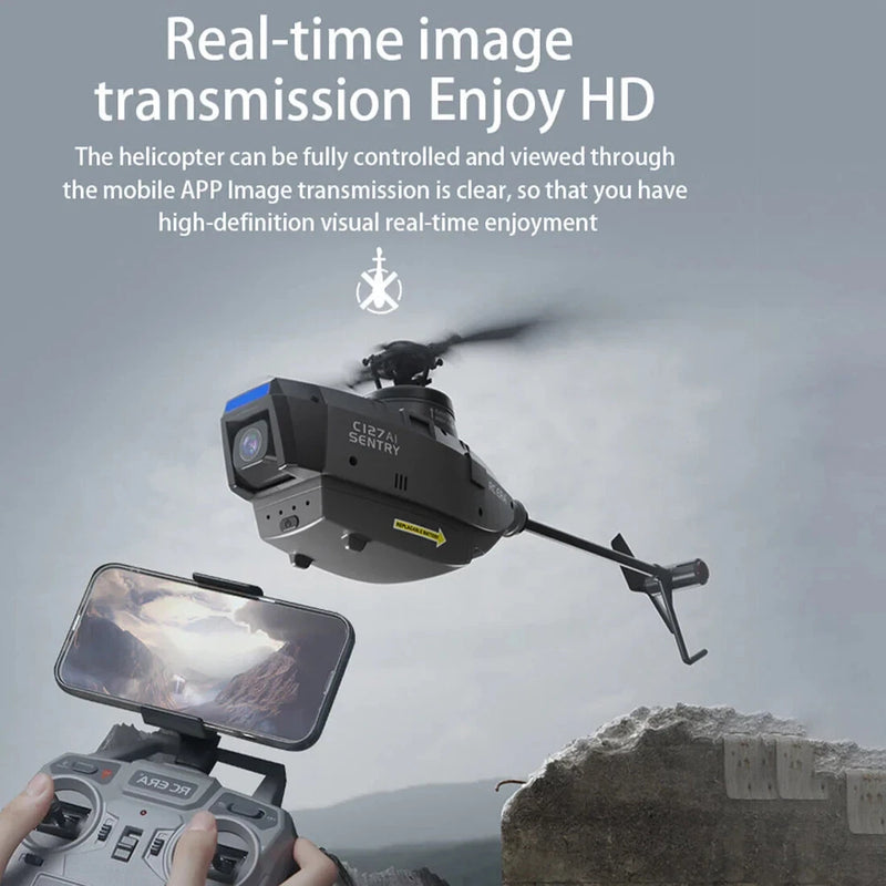Remote control helicopter drone with camera, hovering beside controller and phone screen