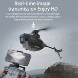 Remote control helicopter drone with camera, hovering beside controller and phone screen