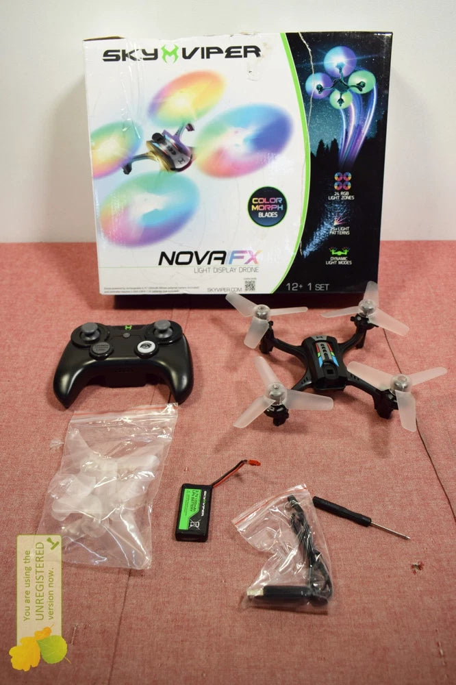 Sky Viper Nova FX light show drone with controller, batteries, and propellers