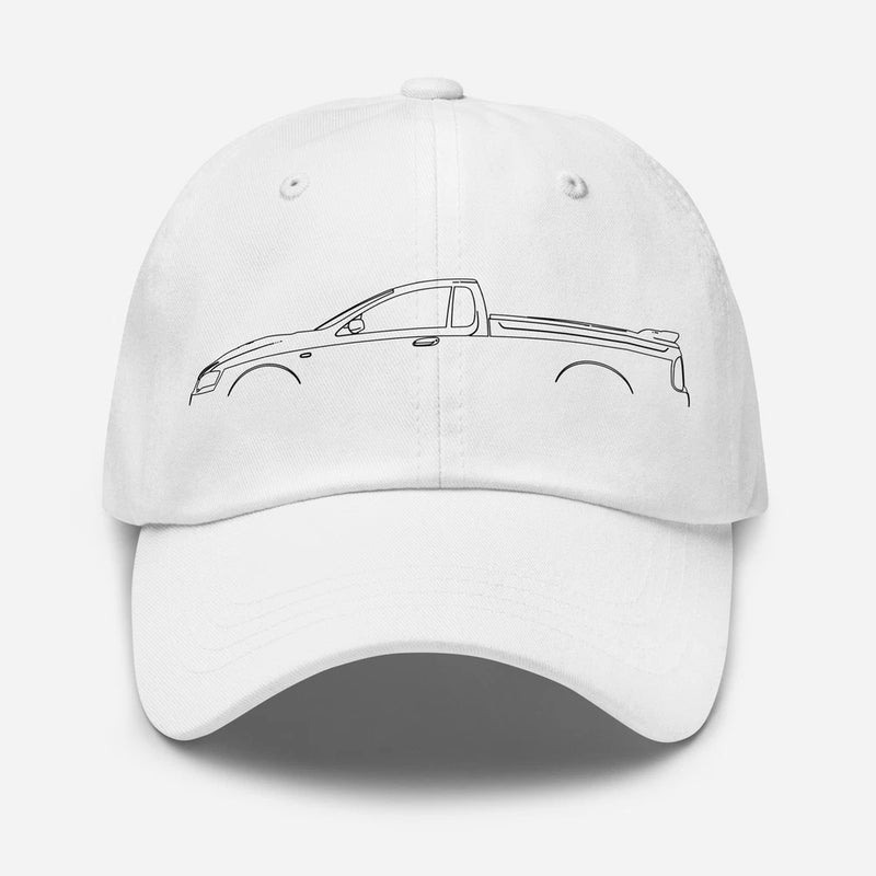 White baseball cap with line-art car graphic on front
