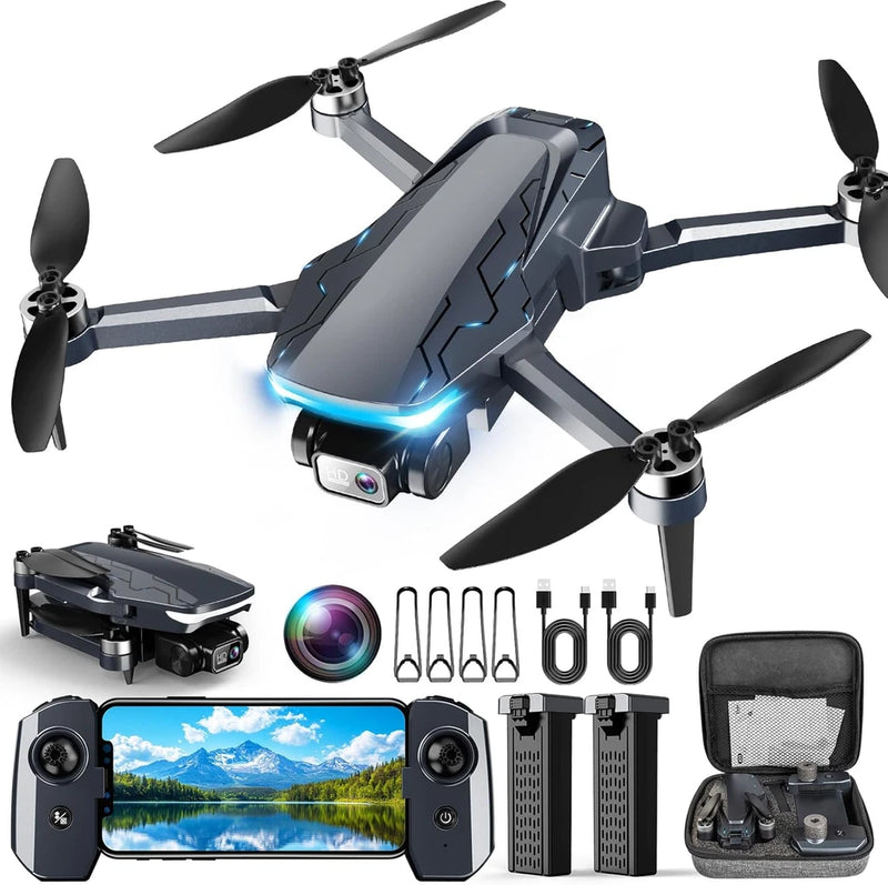 Foldable GPS drone with camera, gray body and four propellers, with controller kit