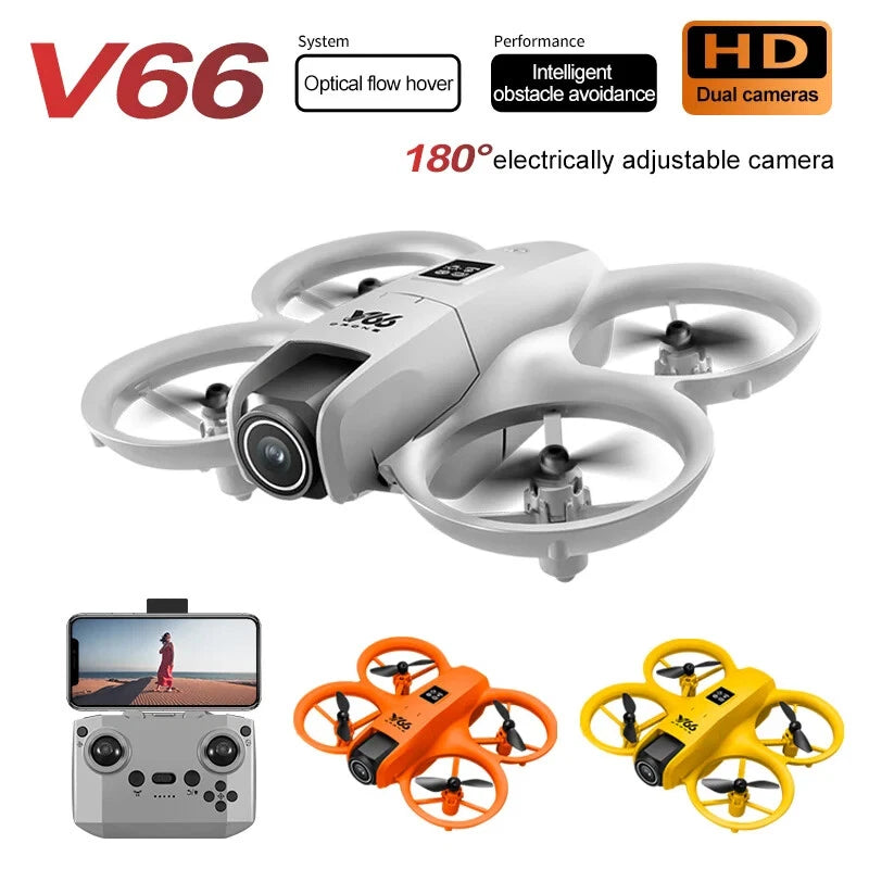 White mini quadcopter drone with HD camera, controller, and orange/yellow variants