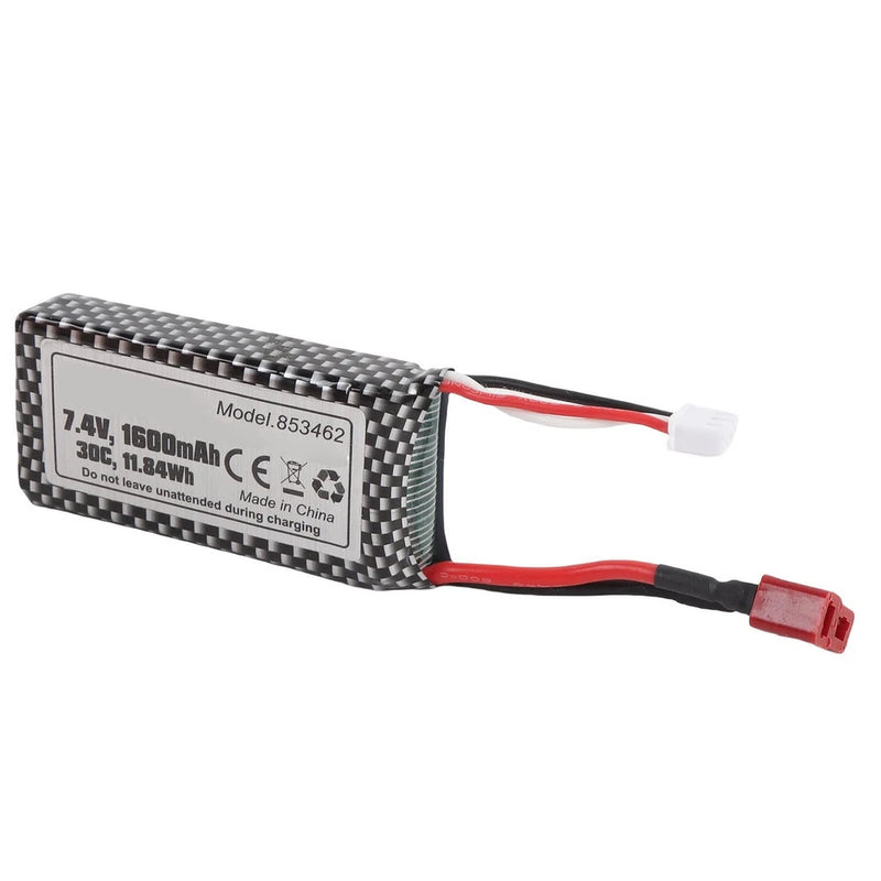 7.4V 1600mAh LiPo RC battery pack with red/black leads, balance plug and T-connector