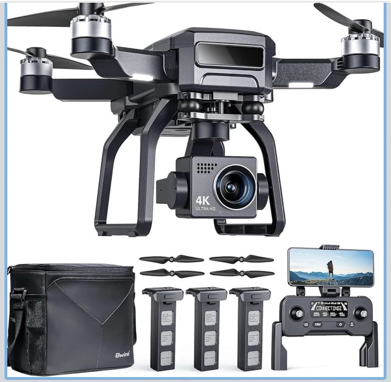 Black 3-axis drone with 4K camera gimbal and remote controller, plus batteries