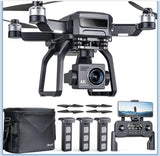 Black 3-axis drone with 4K camera gimbal and remote controller, plus batteries