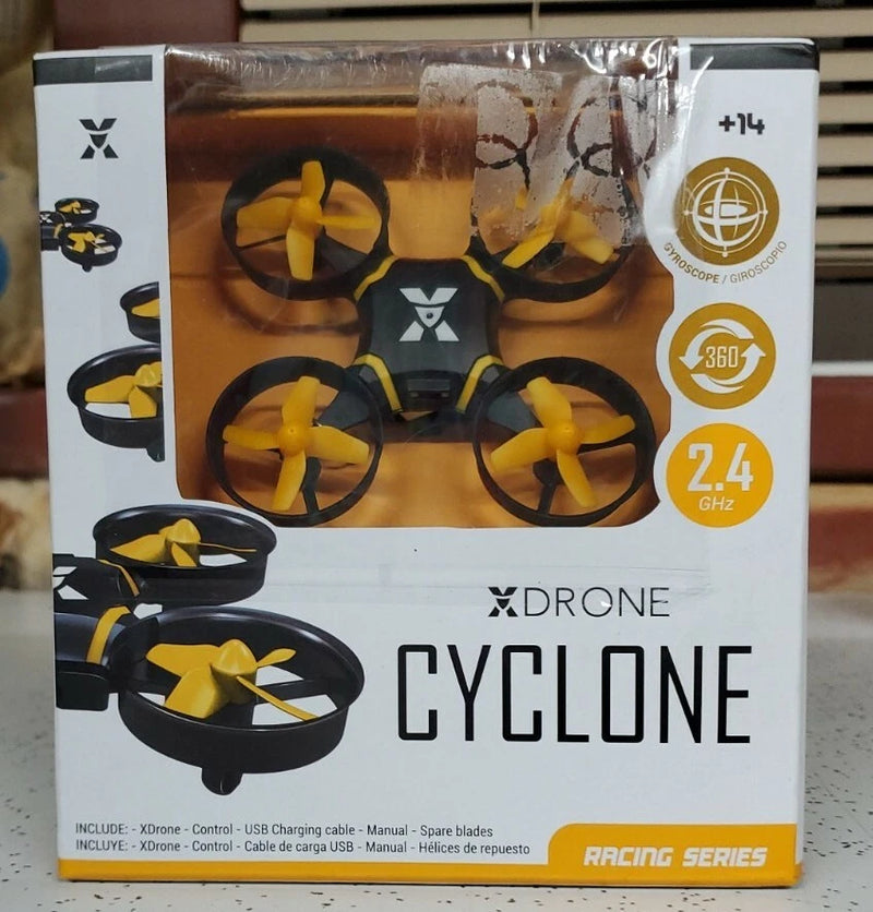 XDRONE Cyclone mini pocket quadcopter retail box showing drone with yellow propellers