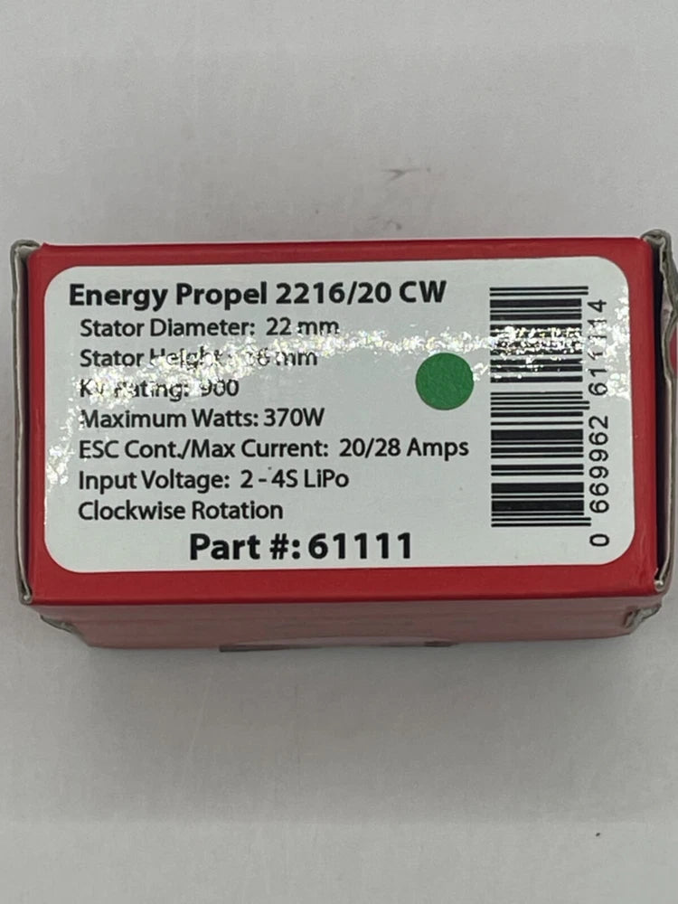 Red box for Energy Propel brushless motor, 2216/20 CW, 900KV spec label