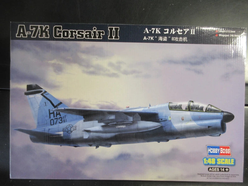 HOBBYBOSS 1/48 A-7K Corsair II model kit retail box, 1:48 scale, Ages 14+
