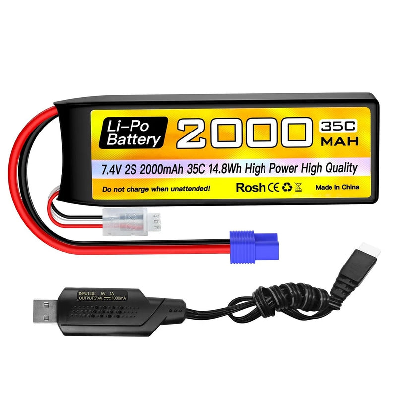 7.4V 2000mAh 35C LiPo Battery EC2 Plug USB Charger for RC Cars, Boats, Drones Battery