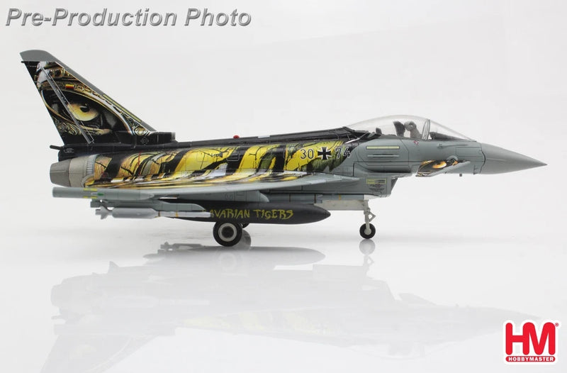 Gray Eurofighter Typhoon model airplane with detailed camouflage and markings, 1:72 scale