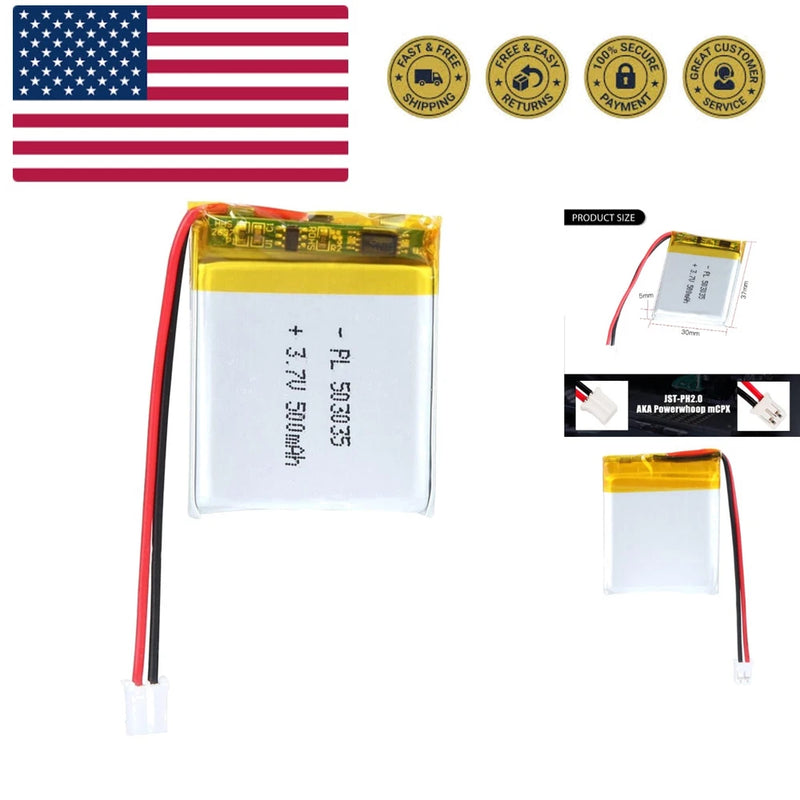 3.7V 500mAh 503035 LiPo rechargeable lithium battery pack with red and black leads
