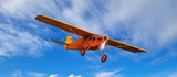 Orange RC airplane with propeller, flying model wings and fuselage detail