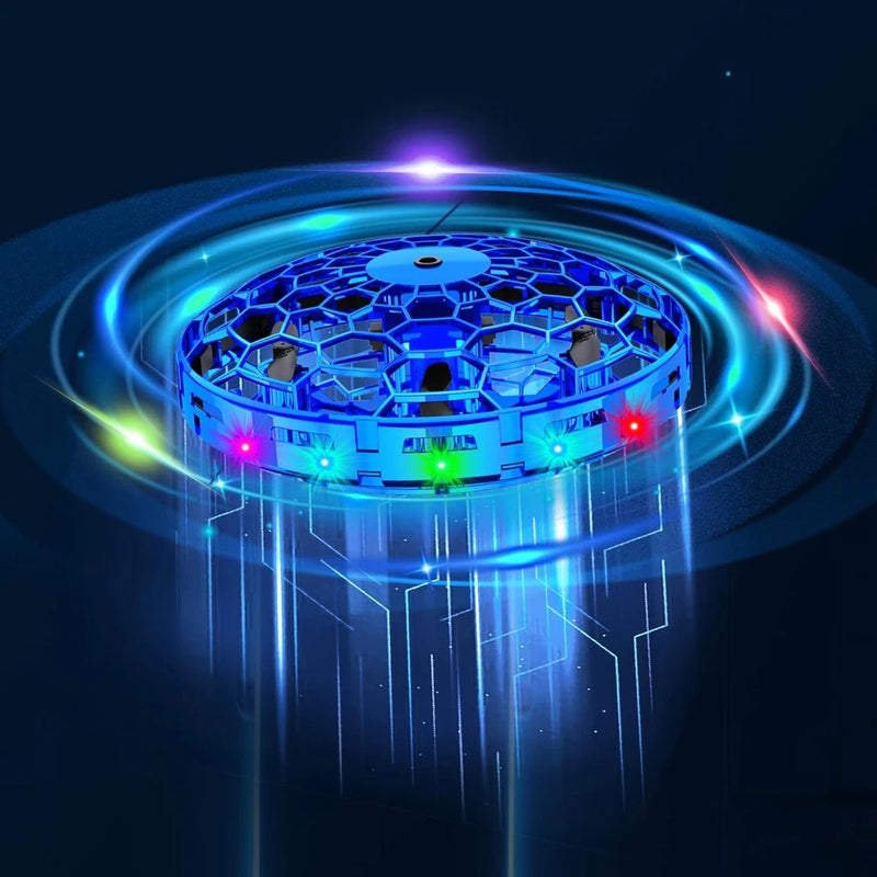 Hand-operated mini drone toy with colorful LED lights and stunt ring