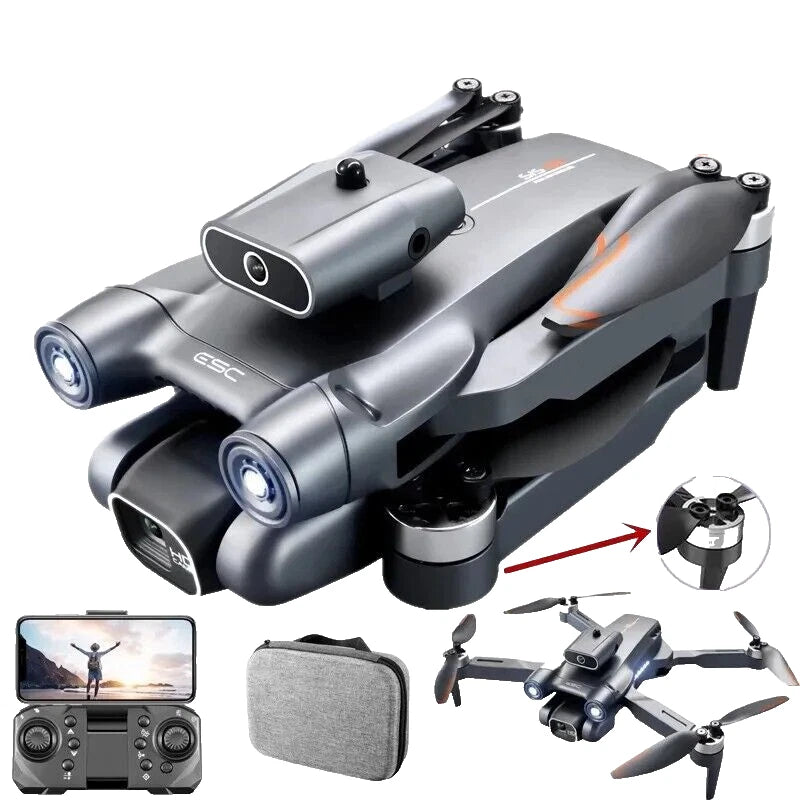 Compact grey quadcopter drone with built-in camera, plus remote and carrying case.