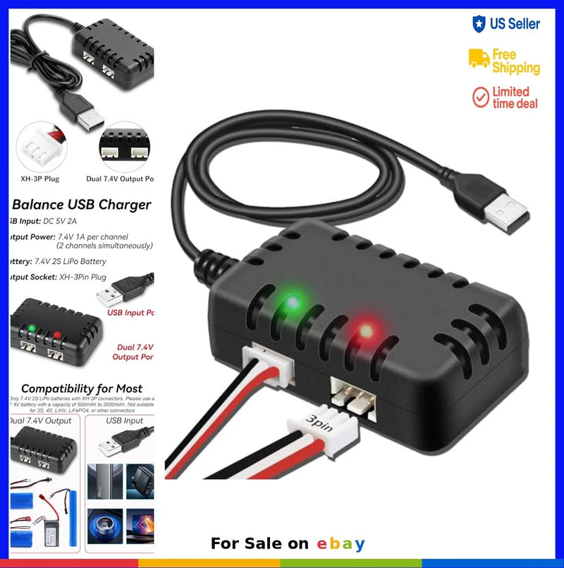 7.4V 2S LiPo Battery Charger USB Balance Cable XH-3P Plug 1A for RC Car Truck Battery