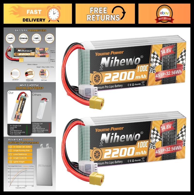 4S LiPo Battery 14.8V 2200mAh 100C Soft Case XT60 Plug for FPV Drones & RC Vehic Battery
