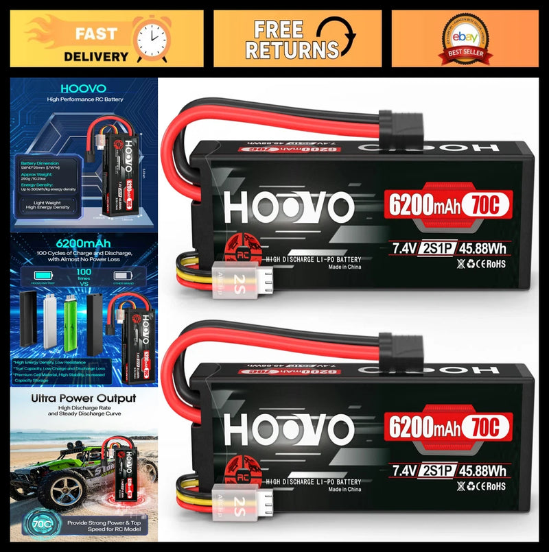 High-Performance 7.4V 70C 6200mAh 2S Lipo Battery Hard Case - RC Car, Drone, Air Battery