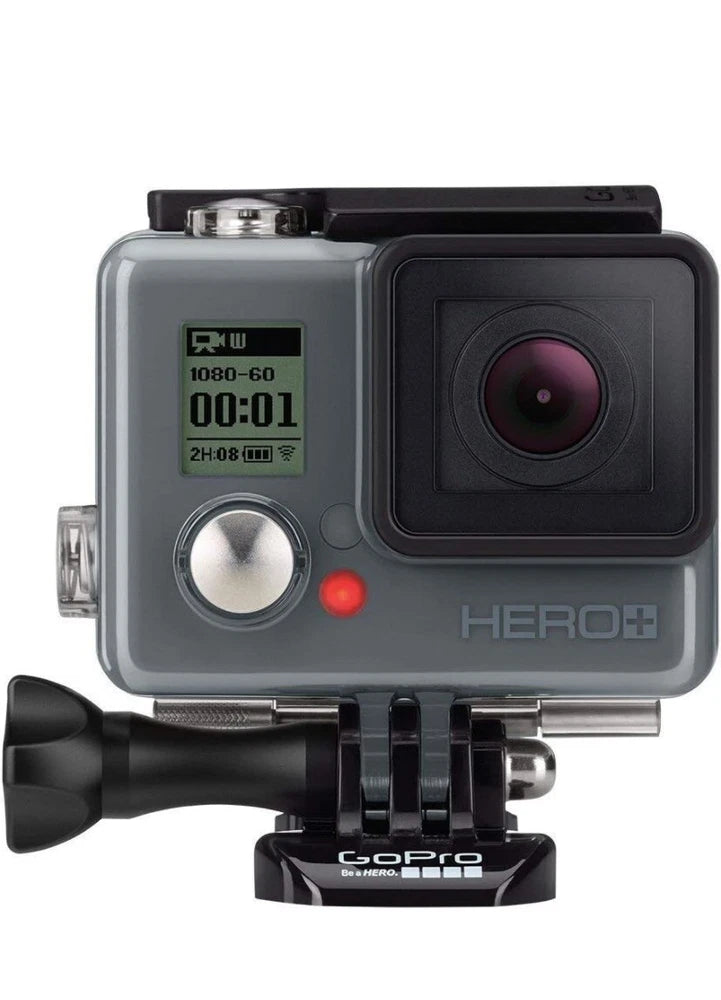 GoPro Hero+ action camera with front lens, LCD screen, and waterproof housing mount