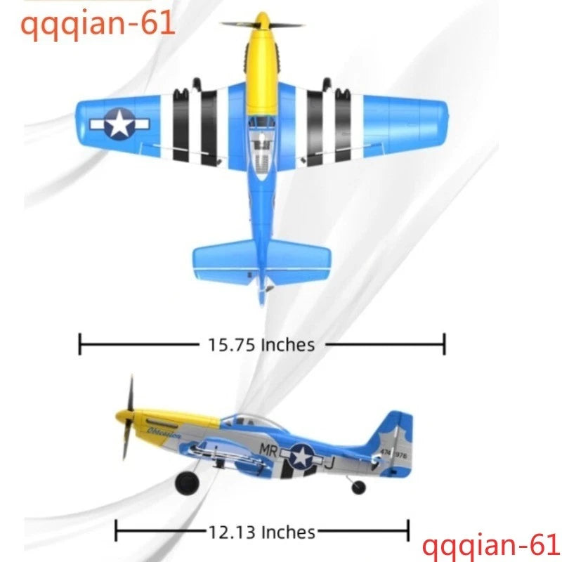 Small blue P-51D Mustang RC fixed-wing plane with yellow nose, 15.75 in length