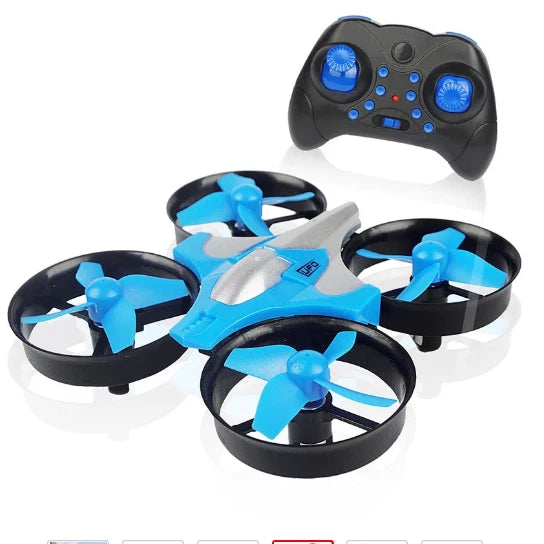Handheld RC quadcopter drone toy with black remote and blue propellers