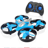 Handheld RC quadcopter drone toy with black remote and blue propellers