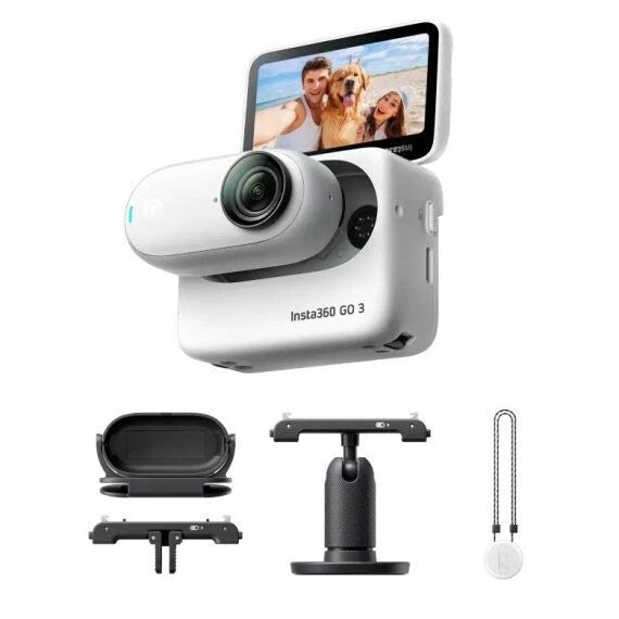 White Insta360 Go 3 action camera kit with mounts, case, and wrist strap