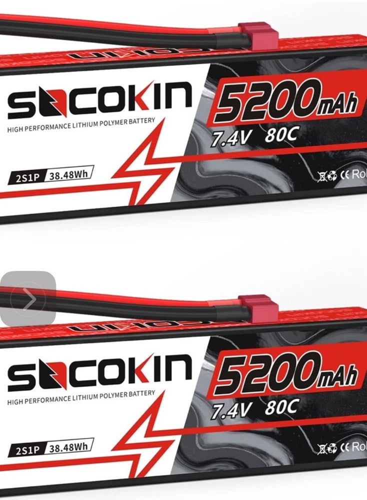 Socokin  Lipo Battery with Hard Case 2 Pack 2S 5200Mah 80C 7.4V Battery