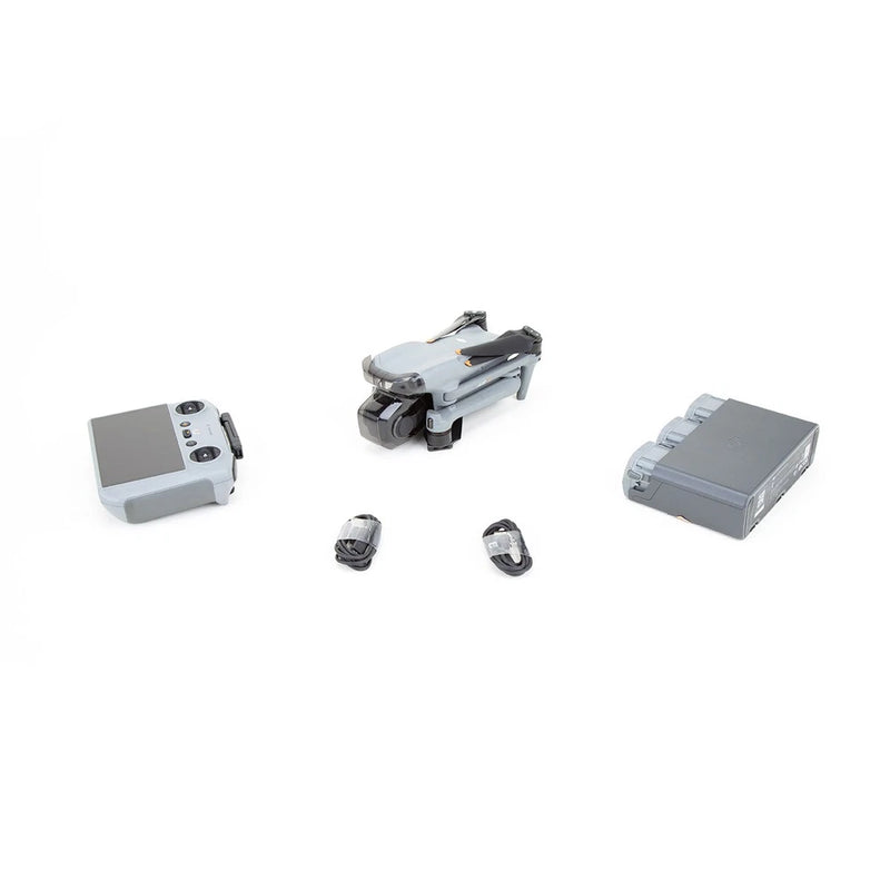 Gray DJI Air 3 drone accessories set with controller, batteries, and prop protectors