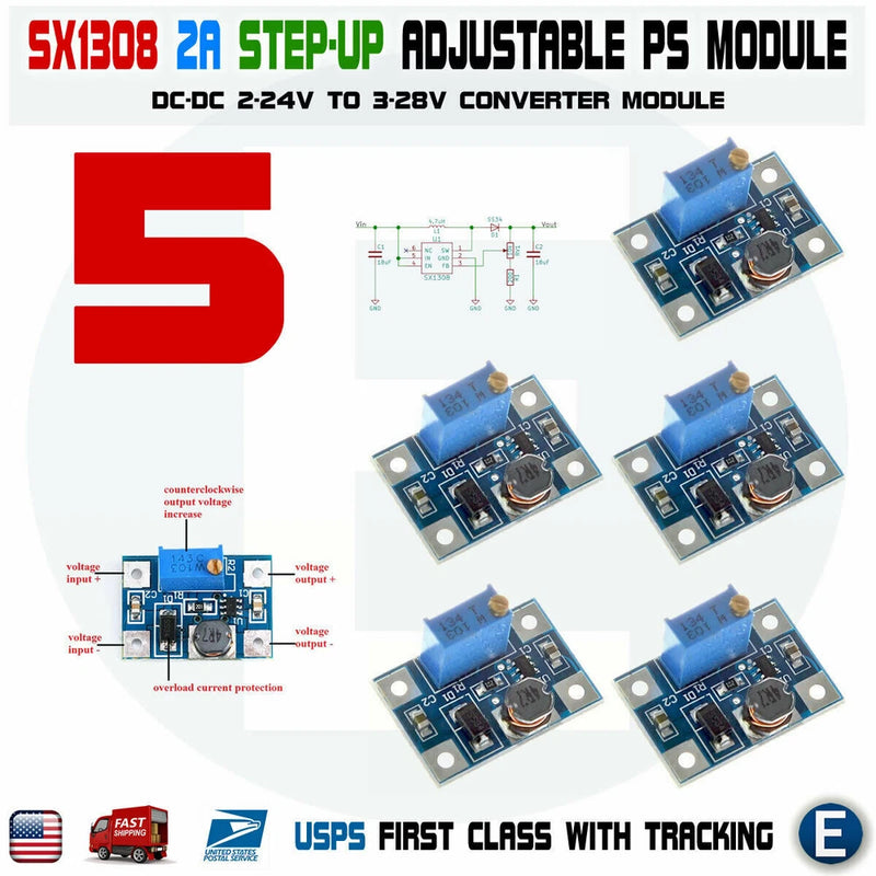 5pcs SX1308 Step-up 2-24V to 3-28V 2A DC-DC Boost Adjustable Converter Module