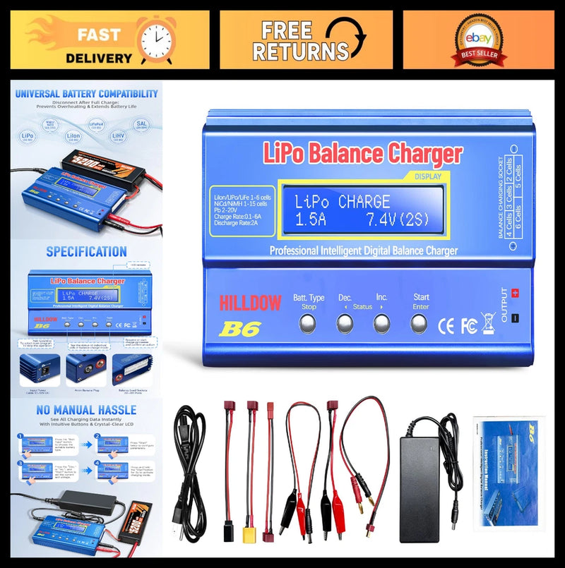 80W Mini Lipo Balance Charger with Power Supply for RC Cars, LiPo, NiMH, NiCd Ba Battery