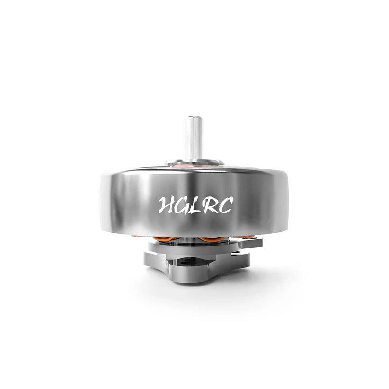 HGLRC brushless motor with silver housing, HGLRC logo, and central shaft