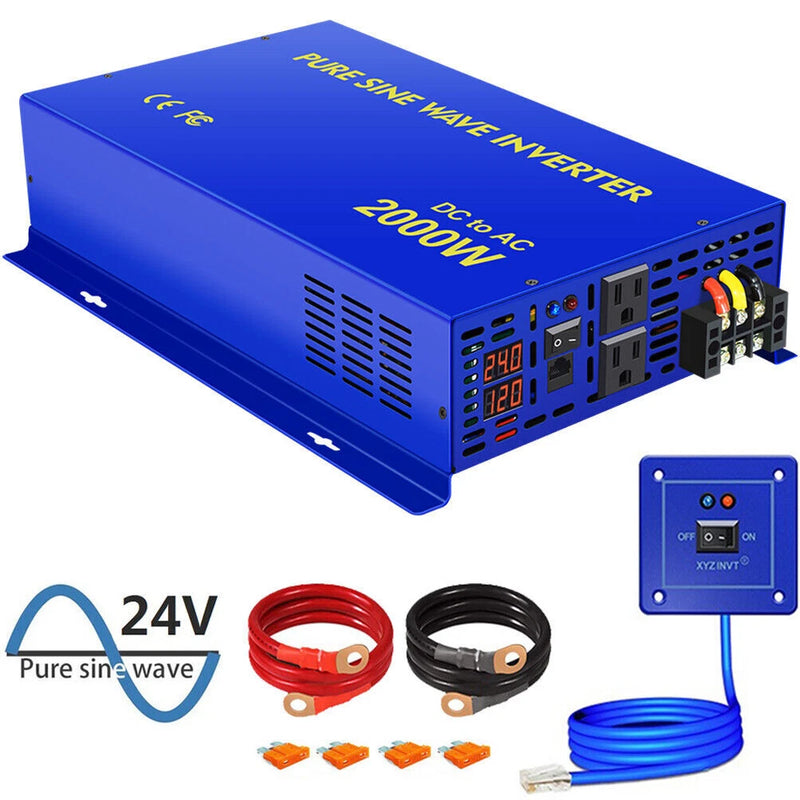 Car Power Inverter 2000W DC 24V To AC 120V Pure Sine Wave Solar Converter Remote