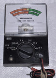 MICRONTA battery tester meter with selector dial and red/black test leads, vintage case