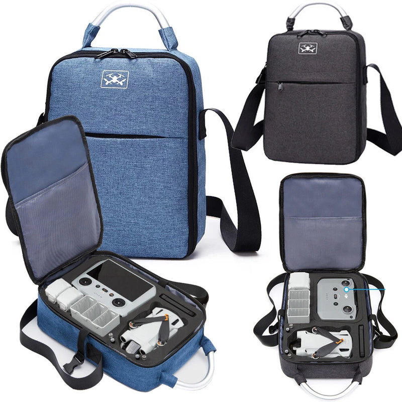 Blue padded shoulder storage bag with handle, front pocket, and zip compartments