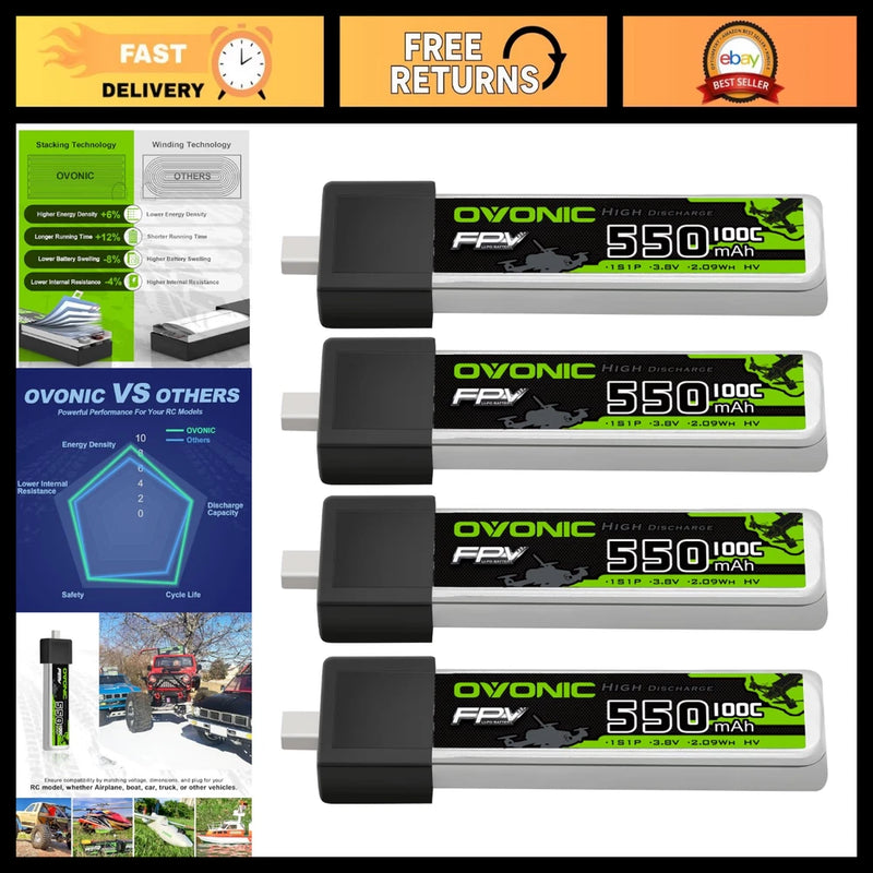 High-Performance 1S LiPo Battery 550mAh 100C HV 3.8V BT2.0 Connector for FPV Tin Battery