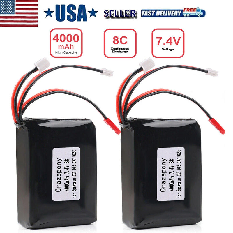 2Transmitter LiPo Battery For Spektrum DX9/DX7/DX8/DX6E 4000mAh 7.4V JST JR Plug Battery