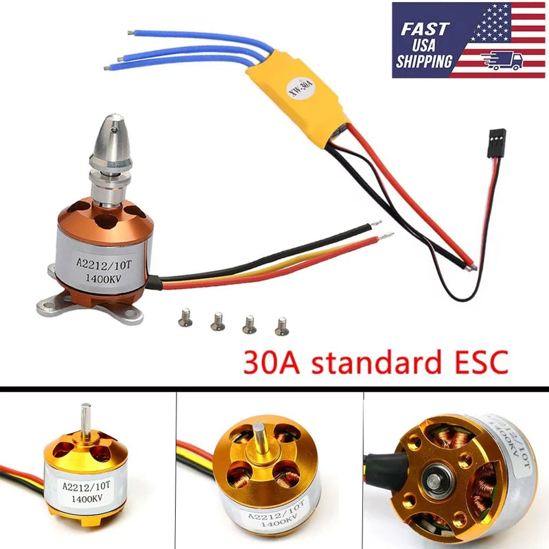 Brushless drone outrunner motor with gold housing, mounting screws, and wire leads