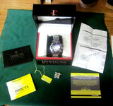 Stainless steel diver chronograph watch with blue dial, in open box with papers