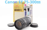 Canon EF 75-300mm zoom lens with front glass and rear cap, black and silver