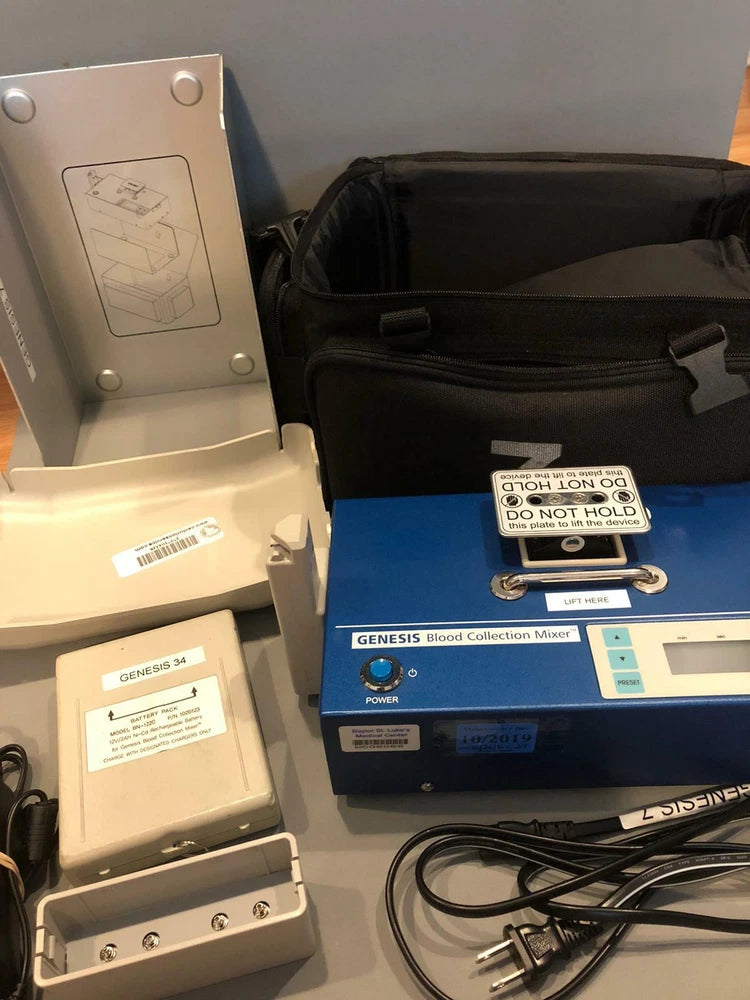 Blood collection mixer with charging dock, cables, and carrying case, black unit with display