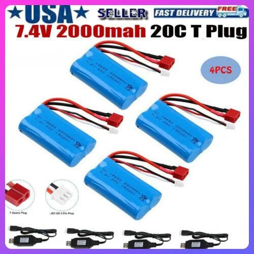 4Pcs 7.4V 2000mAh Li-ion Battery T Plug USB Charger for RC Car Boat Truck Buggy