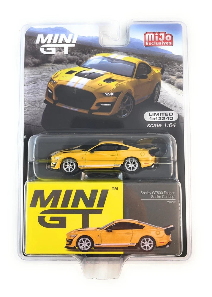 1:64 die-cast car model, yellow with black stripes and MINI GT graphics in blister pack